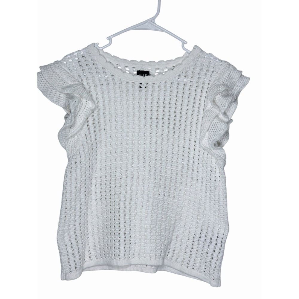 GAP White Crochet Knit Ruffle Sleeve Sweater Top Medium Boho Coastal